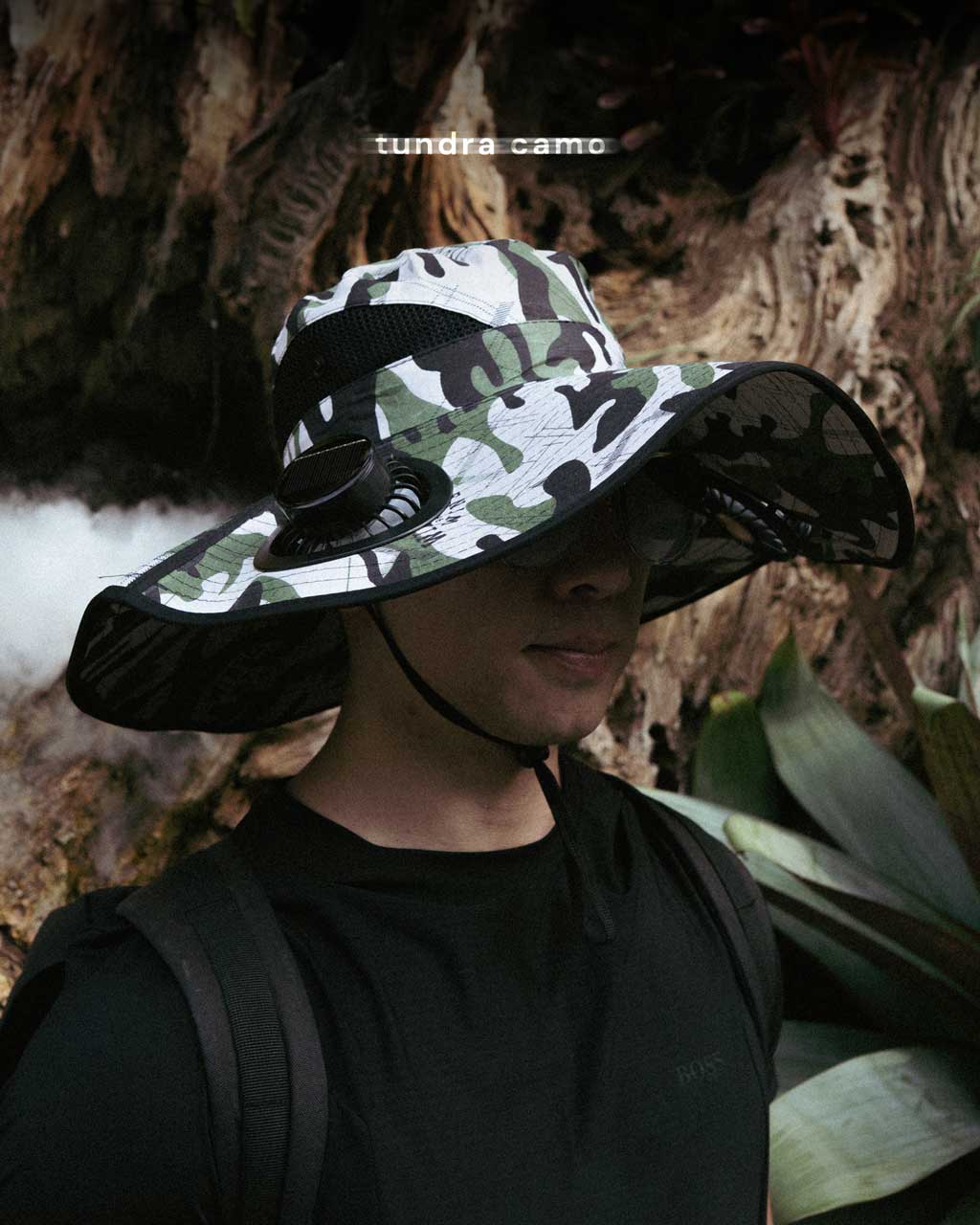FannyCap solar fan hat in Tundra Camo pattern featuring dual cooling fans and wide brim