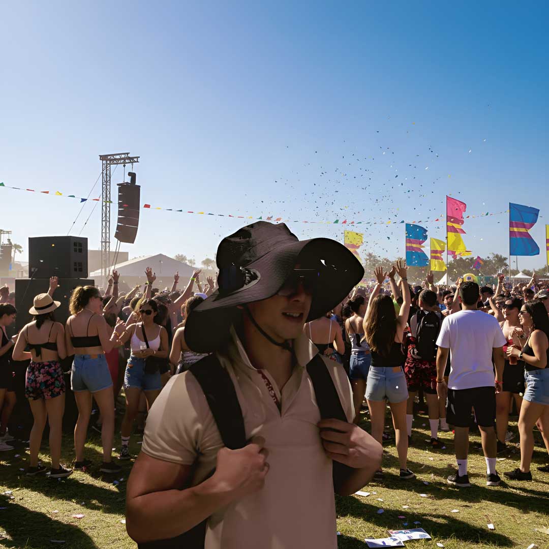 Man wearing FannyCap solar fan hat at outdoor music festival under the sun