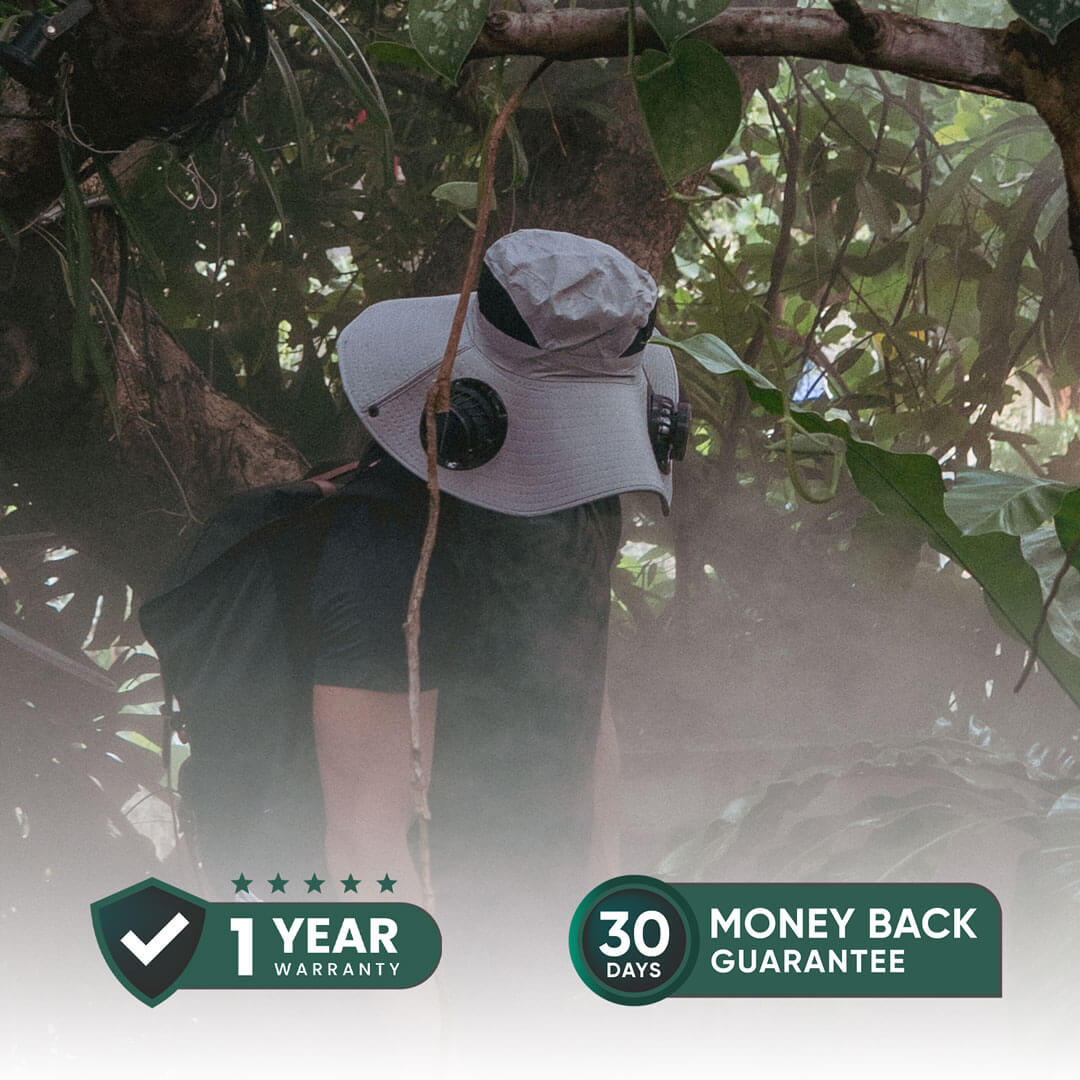 FannyCap solar cooling hat in jungle scene with 1-year warranty and 30-day money back guarantee badges
