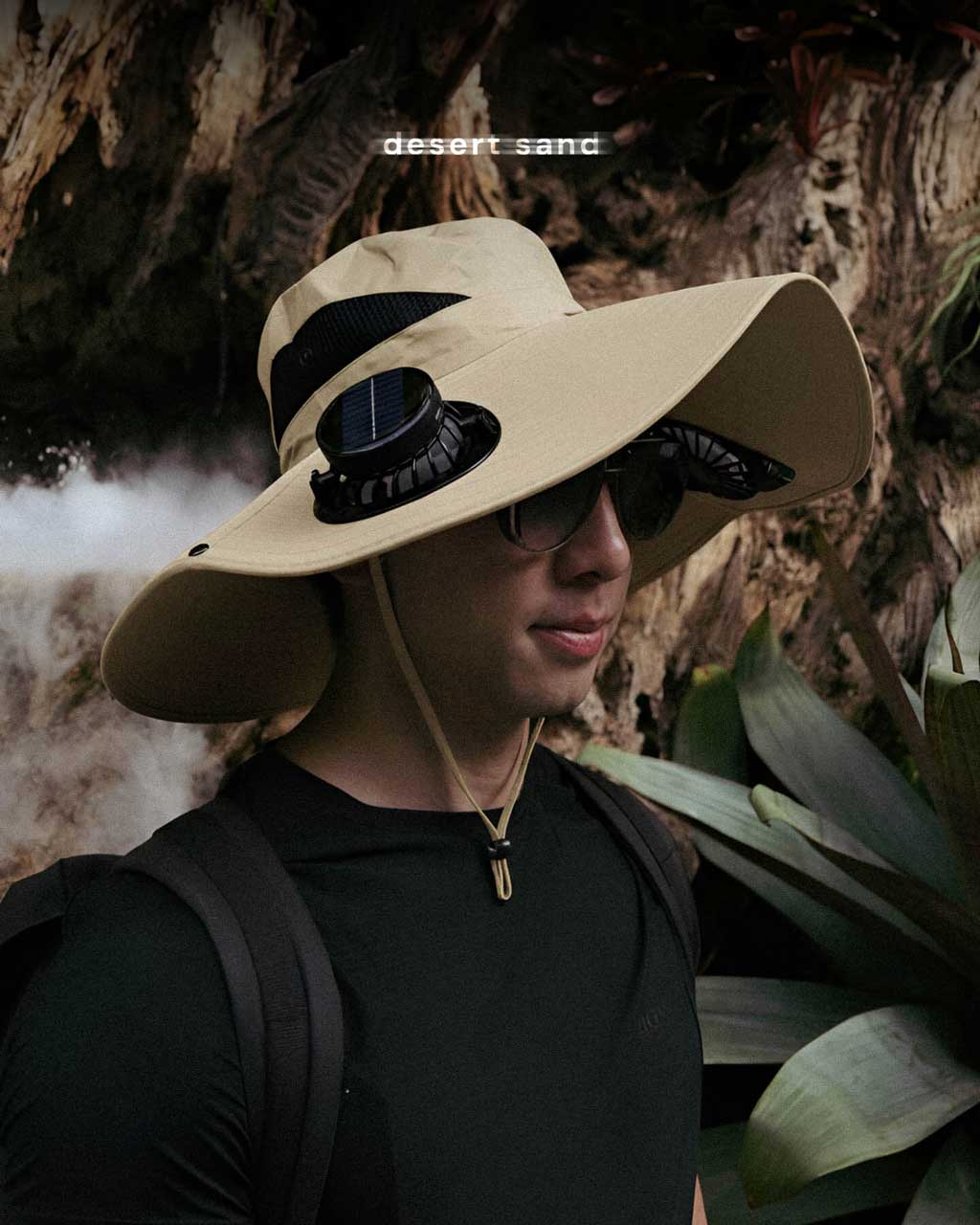 FannyCap solar fan hat in Desert Sand color worn outdoors for cooling and sun protection